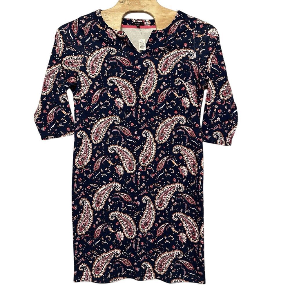 Talbots Dress Plus Size 0X Navy Multicolored Paisley 100% Cotton 3/4 Sleeves NWT